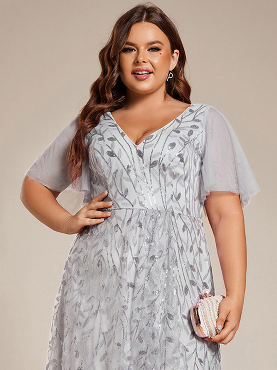 Robes de soirée pailletées à col en V et fente haute #Couleur_Argent