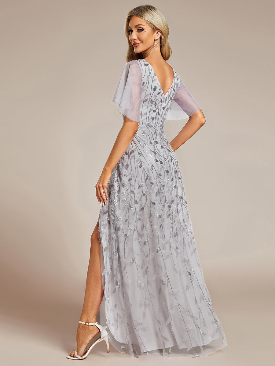 Robes de soirée pailletées à col en V et fente haute #Couleur_Argent