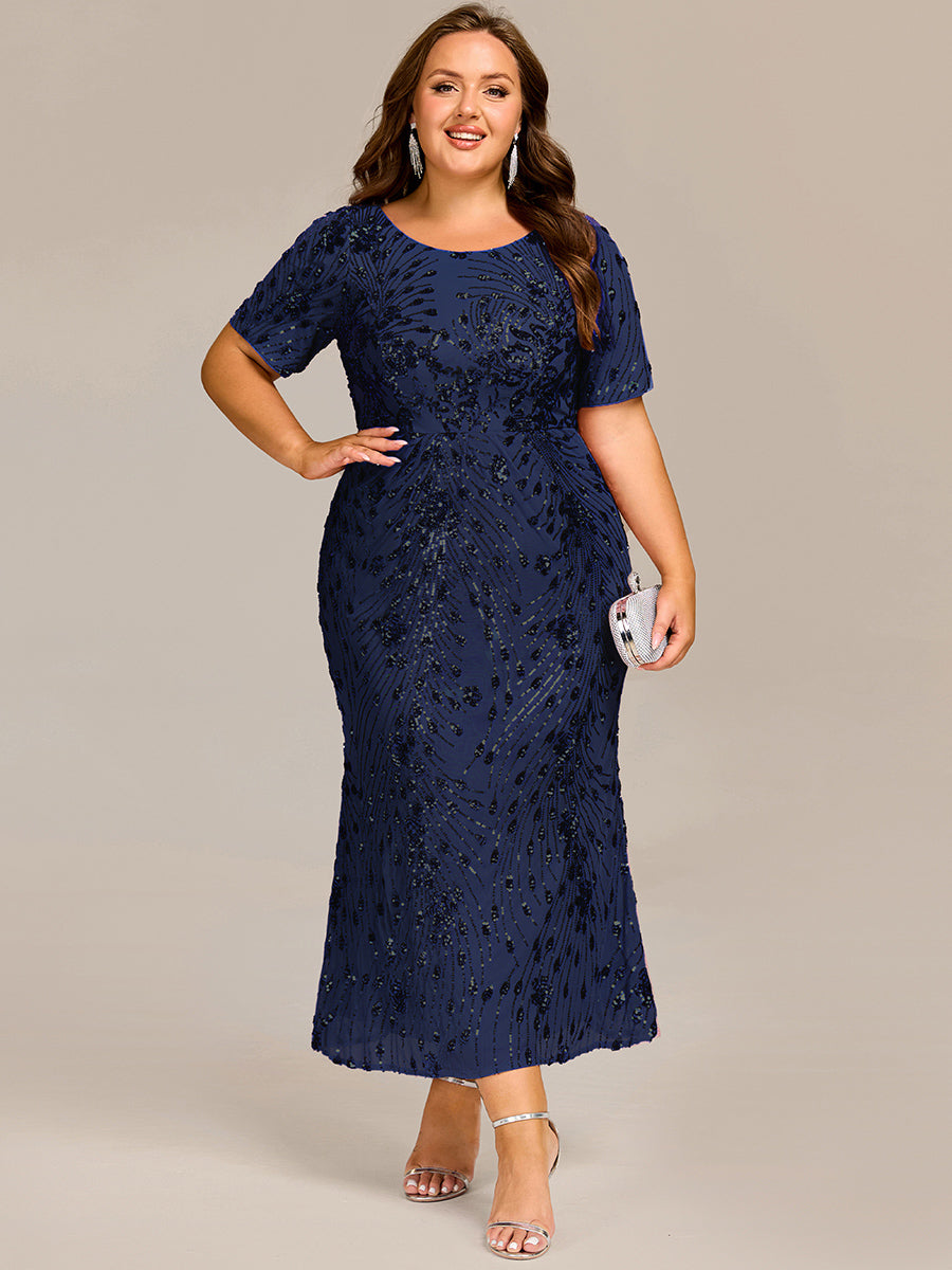 Robe de soirée chic sans bretelles en stretch haut avec détail froncé et col rond longueur midi #Couleur_Bleu Marine