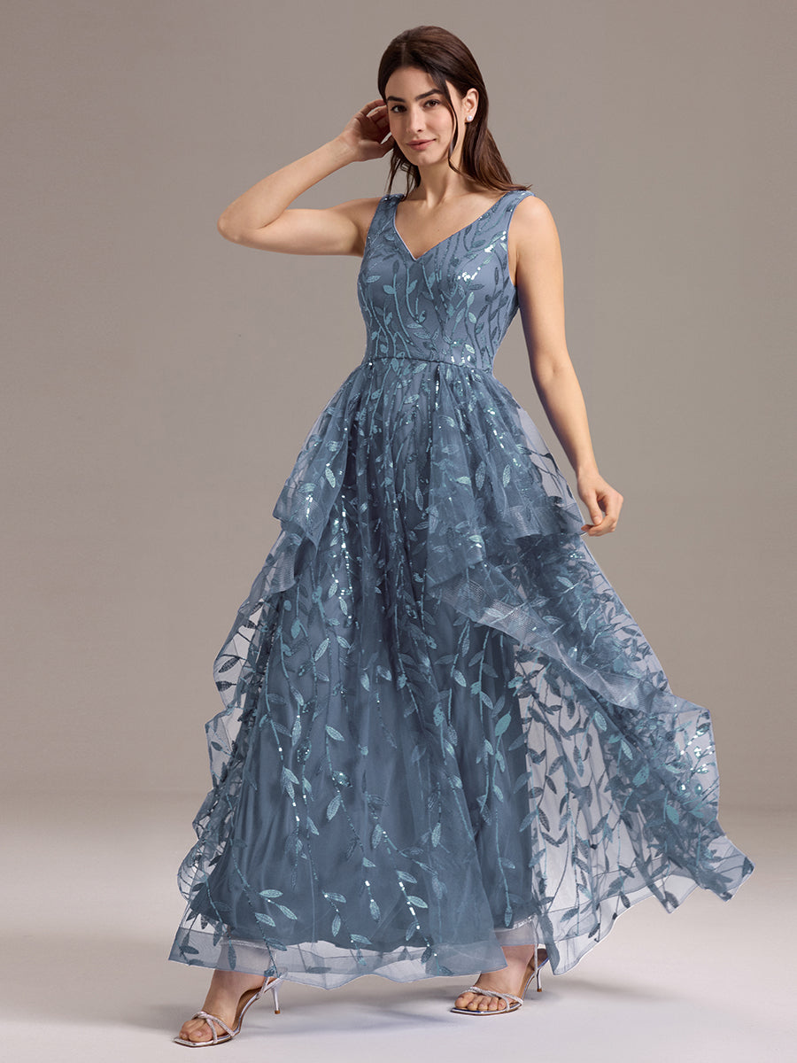 Robe de soirée trapèze à paillettes et ourlet irrégulier #Couleur_Marine Fume
