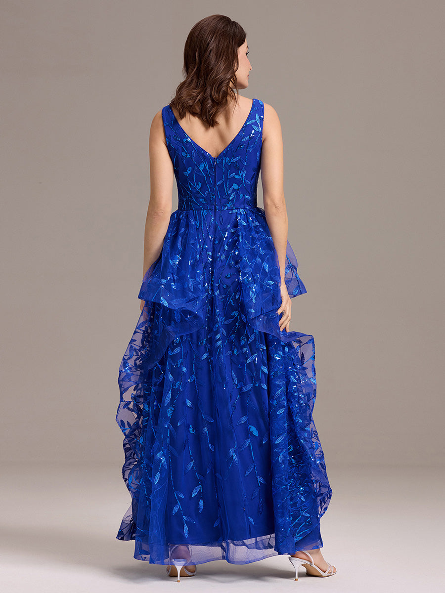 Robe de soirée trapèze à paillettes et ourlet irrégulier #Couleur_Bleu Saphir