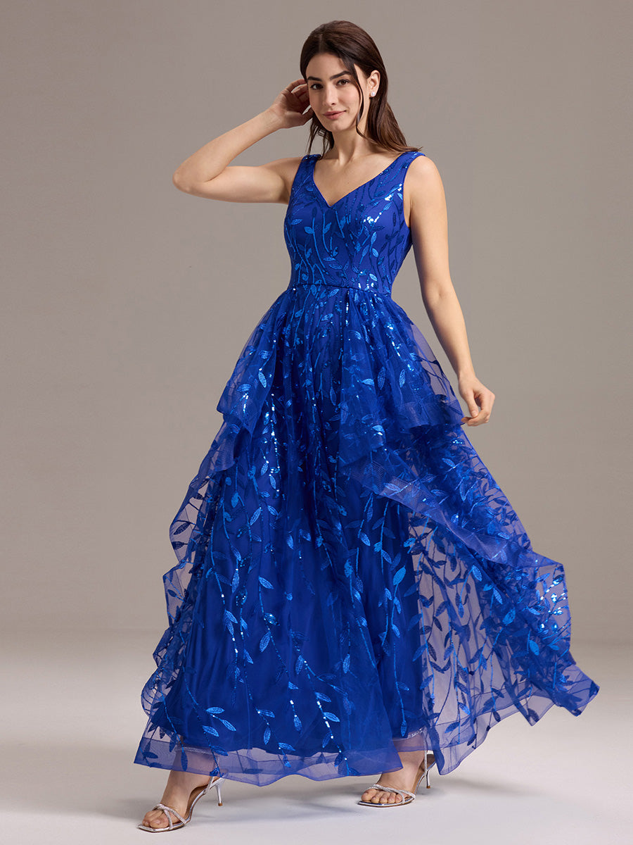 Robe de soirée trapèze à paillettes et ourlet irrégulier #Couleur_Bleu Saphir