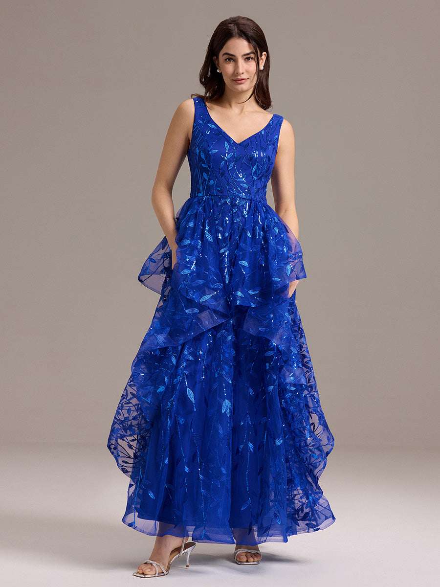 Robe de soirée trapèze à paillettes et ourlet irrégulier #Couleur_Bleu Saphir