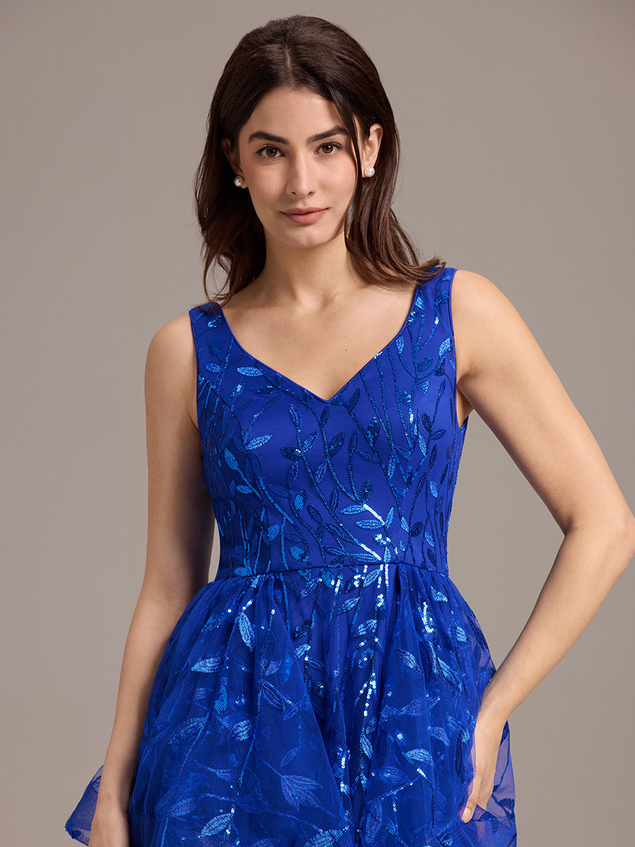 Robe de soirée trapèze à paillettes et ourlet irrégulier #Couleur_Bleu Saphir