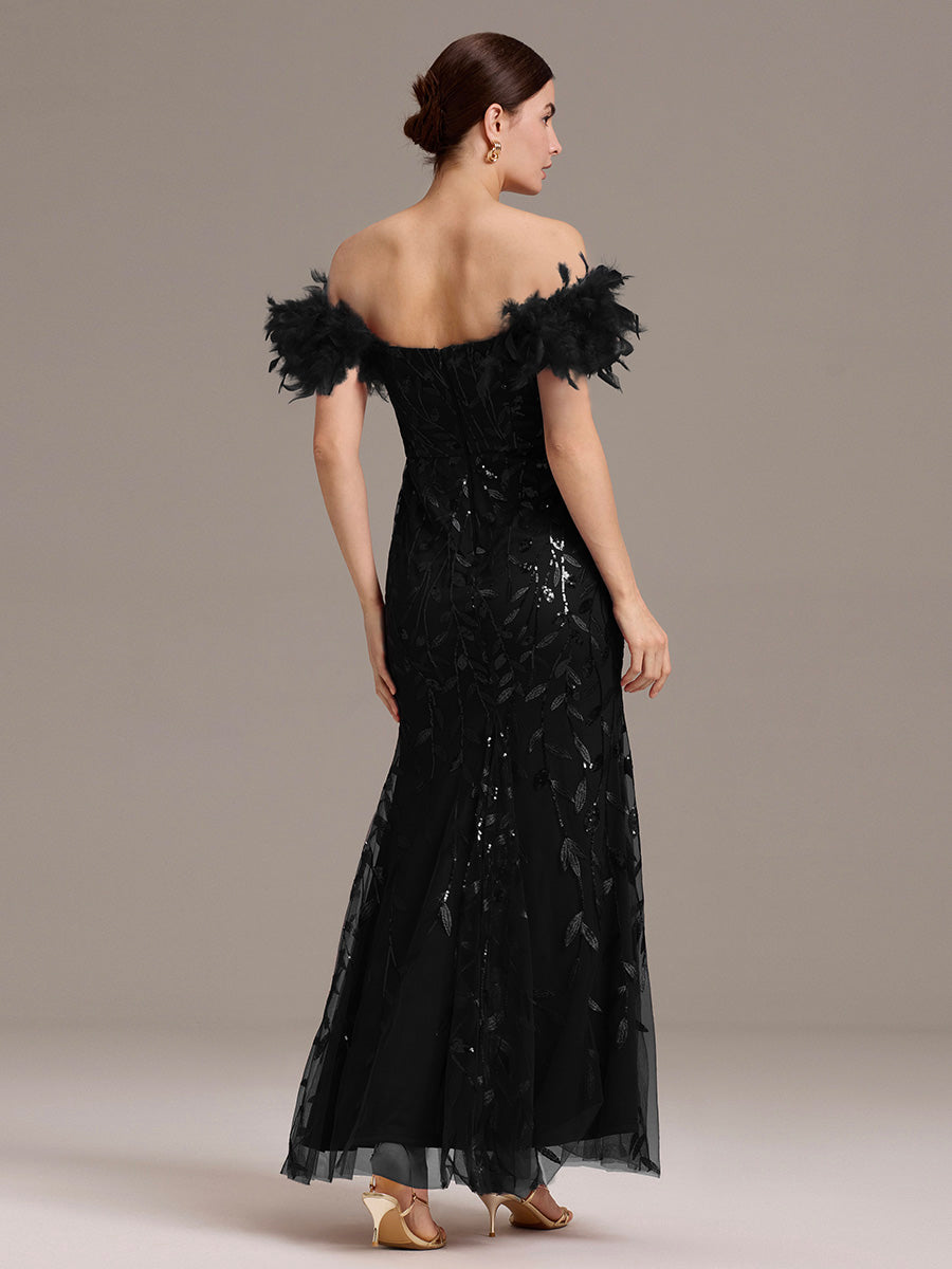 Robe de soirée fendue à épaules dénudées et manches en plumes #Couleur_Noir