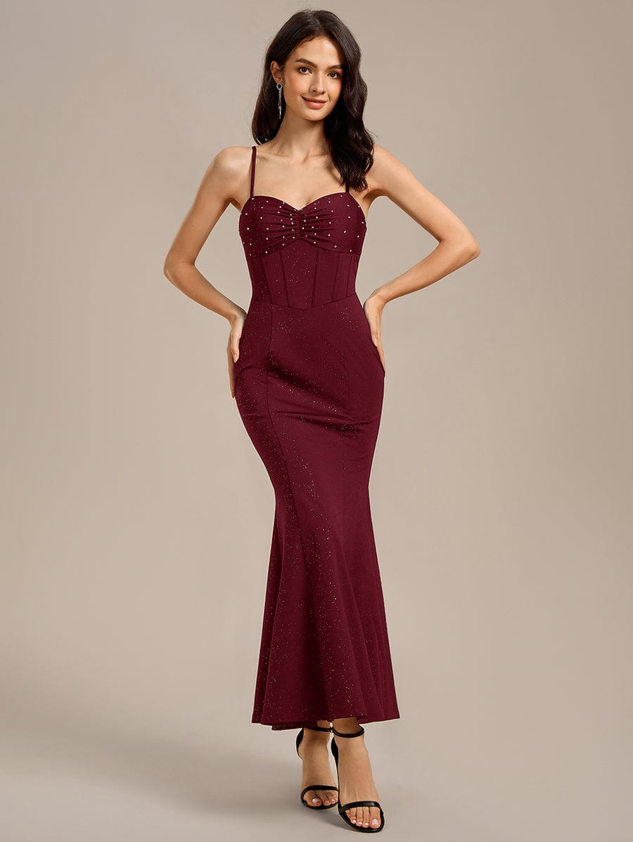 Robe de soirée longue sirène perlée #Couleur_Bordeaux