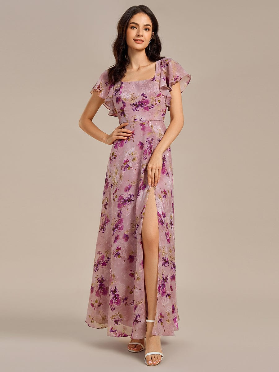 Robe de soirée à manches volantées et col carré #Couleur_Imprimé lilas clair