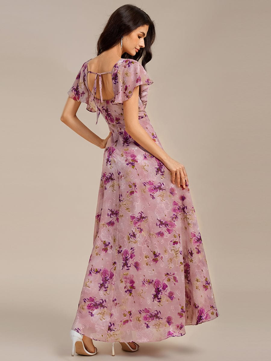 Robe de soirée à manches volantées et col carré #Couleur_Imprimé lilas clair