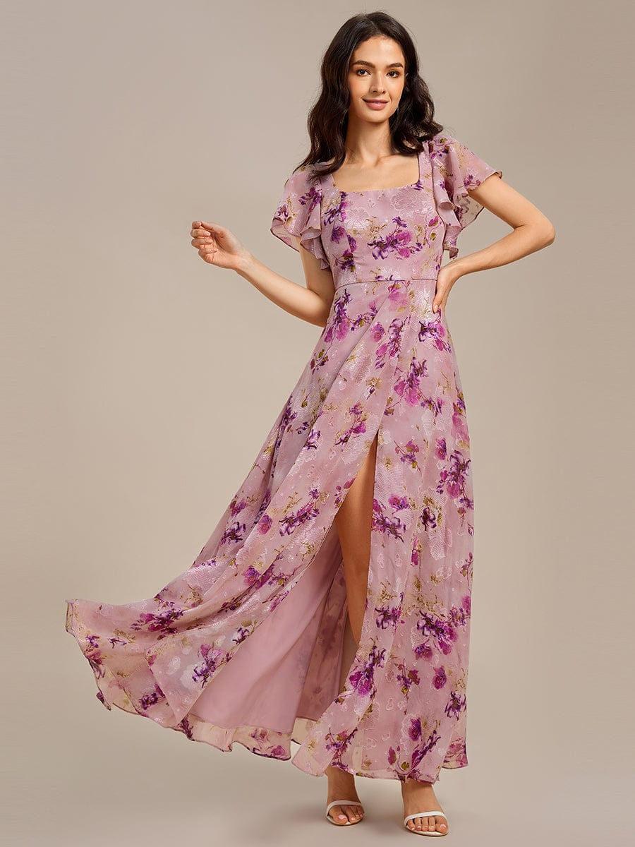 Robe de soirée à manches volantées et col carré #Couleur_Imprimé lilas clair