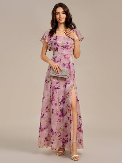 Robe de soirée à manches volantées et col carré