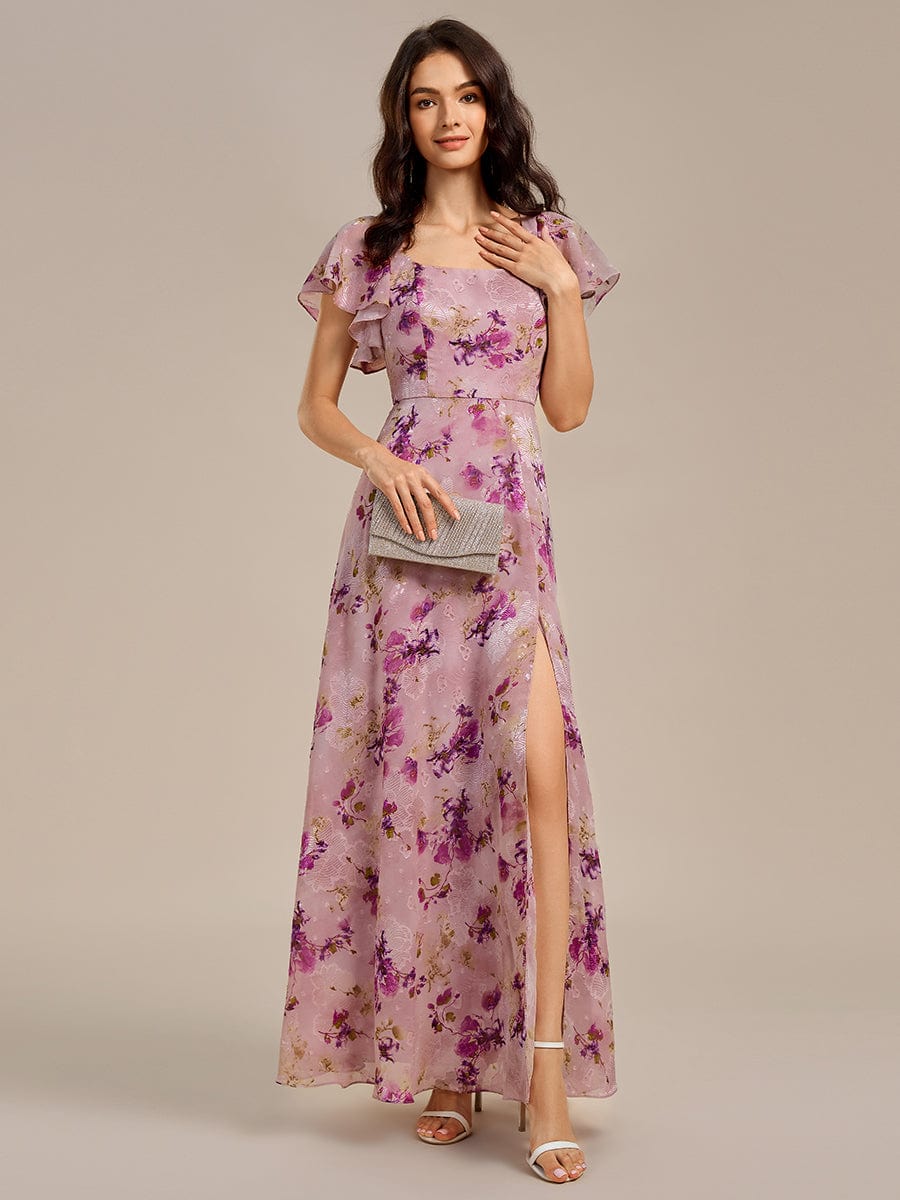 Robe de soirée à manches volantées et col carré #Couleur_Imprimé lilas clair
