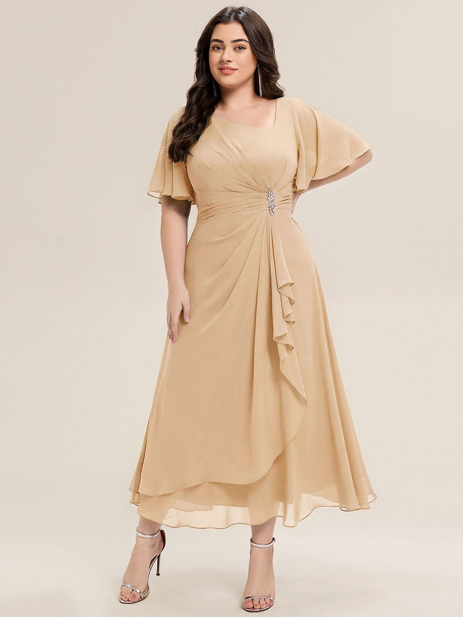 Robe de soirée mi-longue en mousseline de soie à manches courtes #Couleur_Champagner