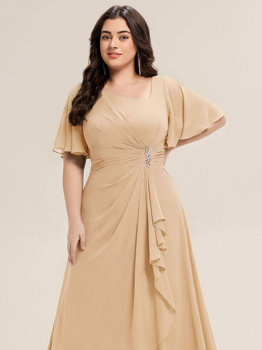 Robe de soirée mi-longue en mousseline de soie à manches courtes #Couleur_Champagner