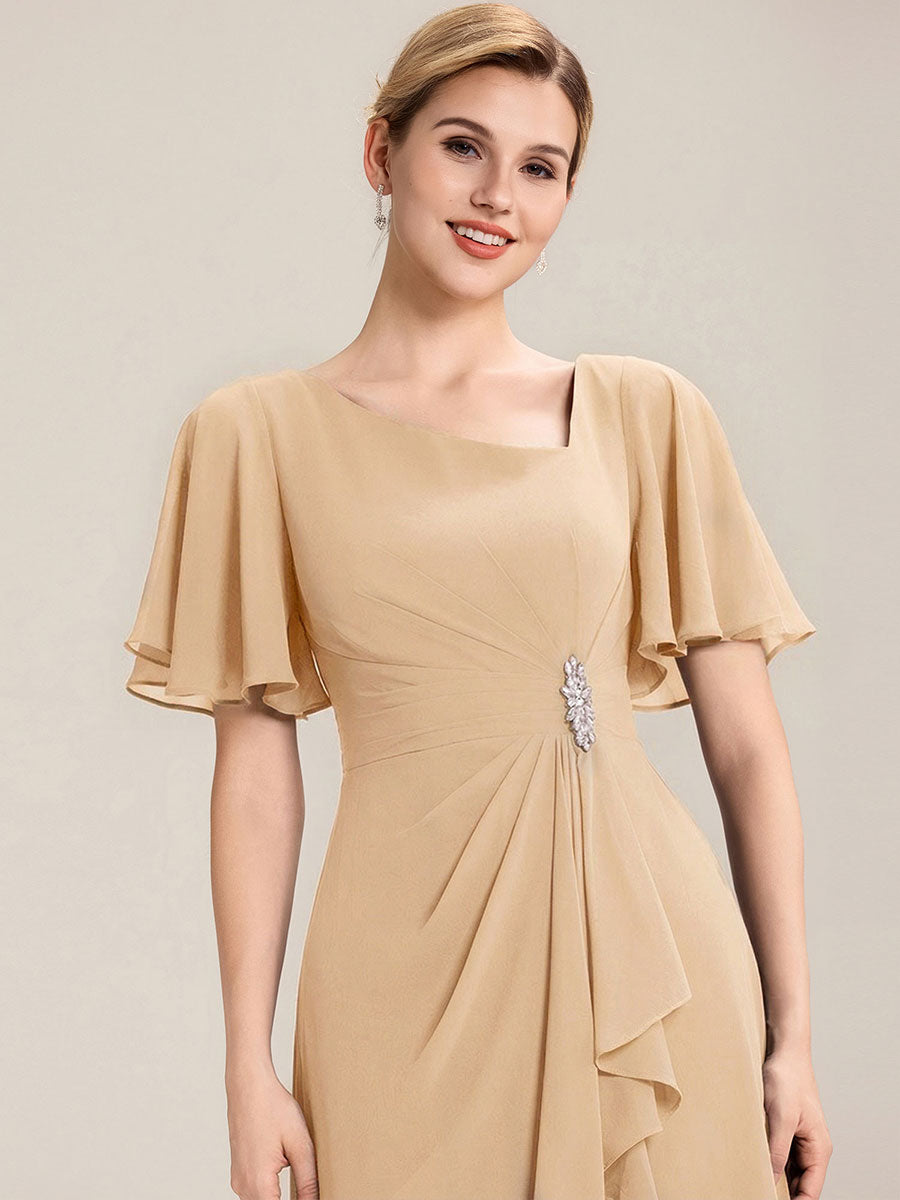 Robe de soirée mi-longue en mousseline de soie à manches courtes #Couleur_Champagner