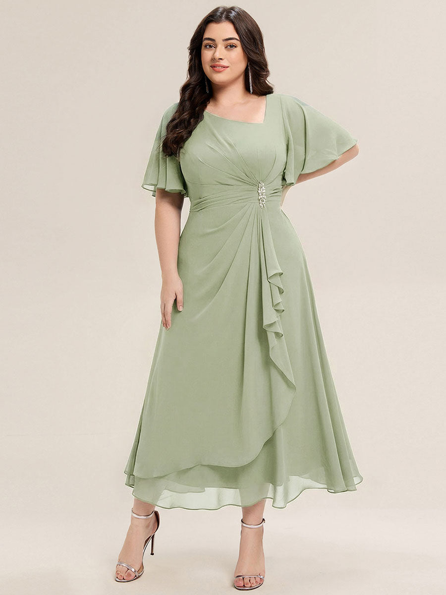 Robe de soirée mi-longue en mousseline de soie à manches courtes #Couleur_Menthe Verte