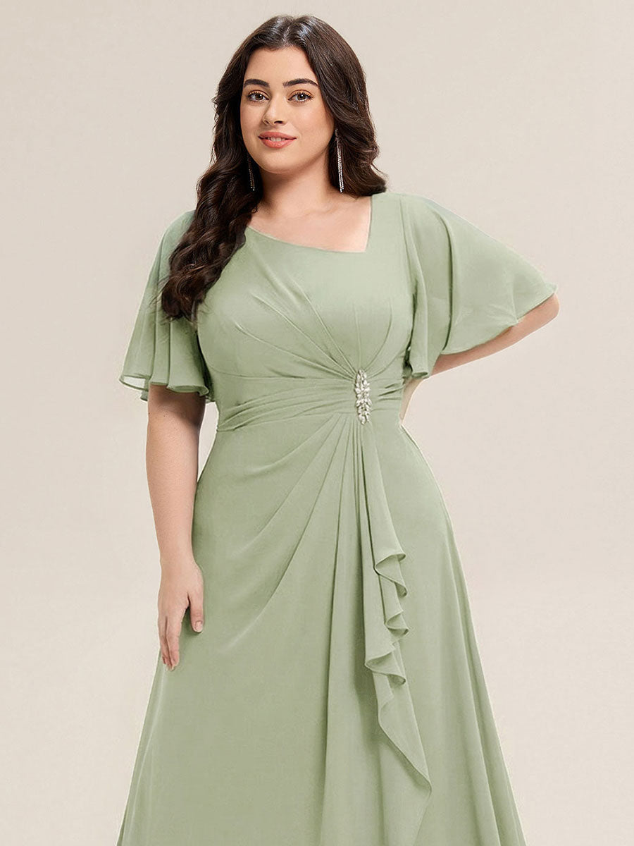Robe de soirée mi-longue en mousseline de soie à manches courtes #Couleur_Menthe Verte