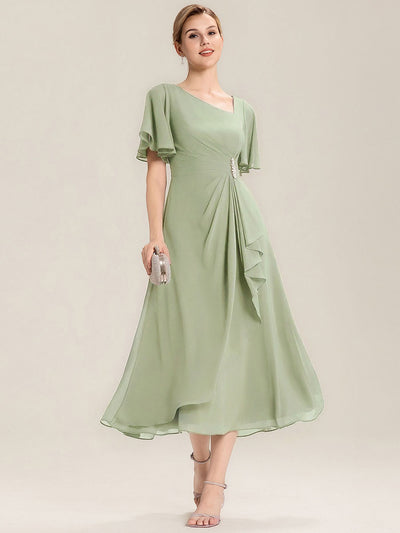 ever LILOU|Robe de soirée mi-longue en mousseline de soie à manches courtes