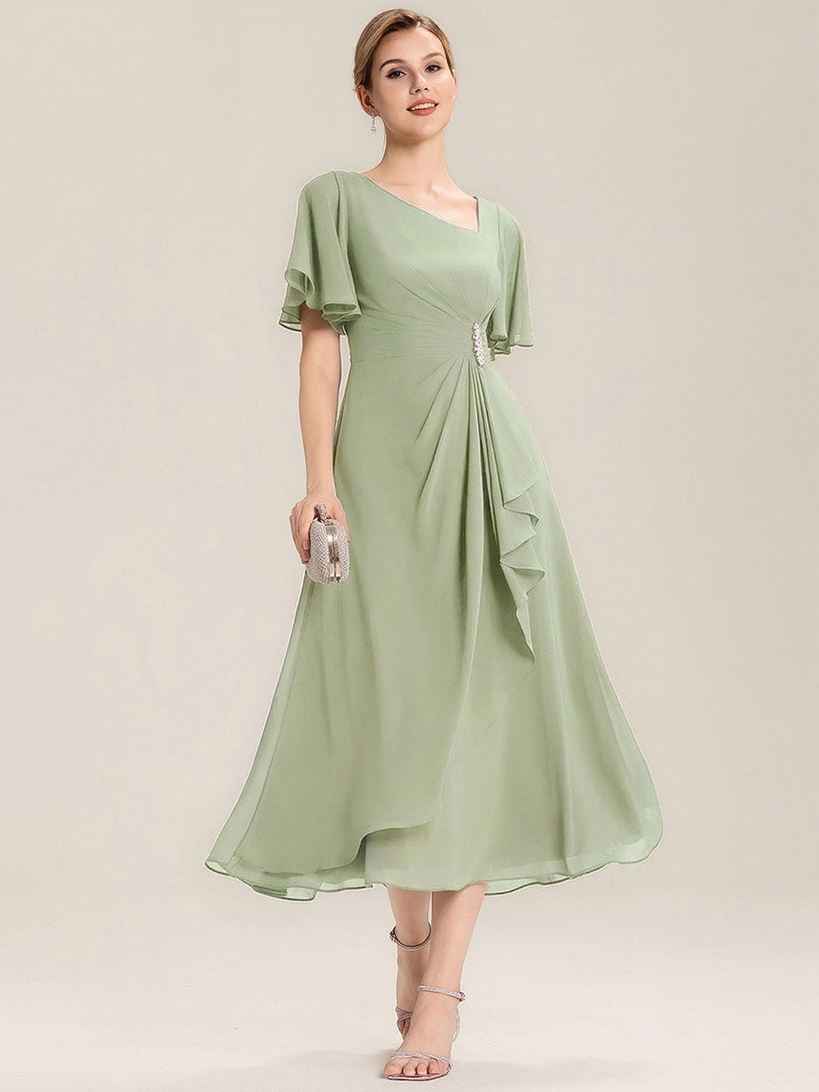 Robe de soirée mi-longue en mousseline de soie à manches courtes #Couleur_Menthe Verte