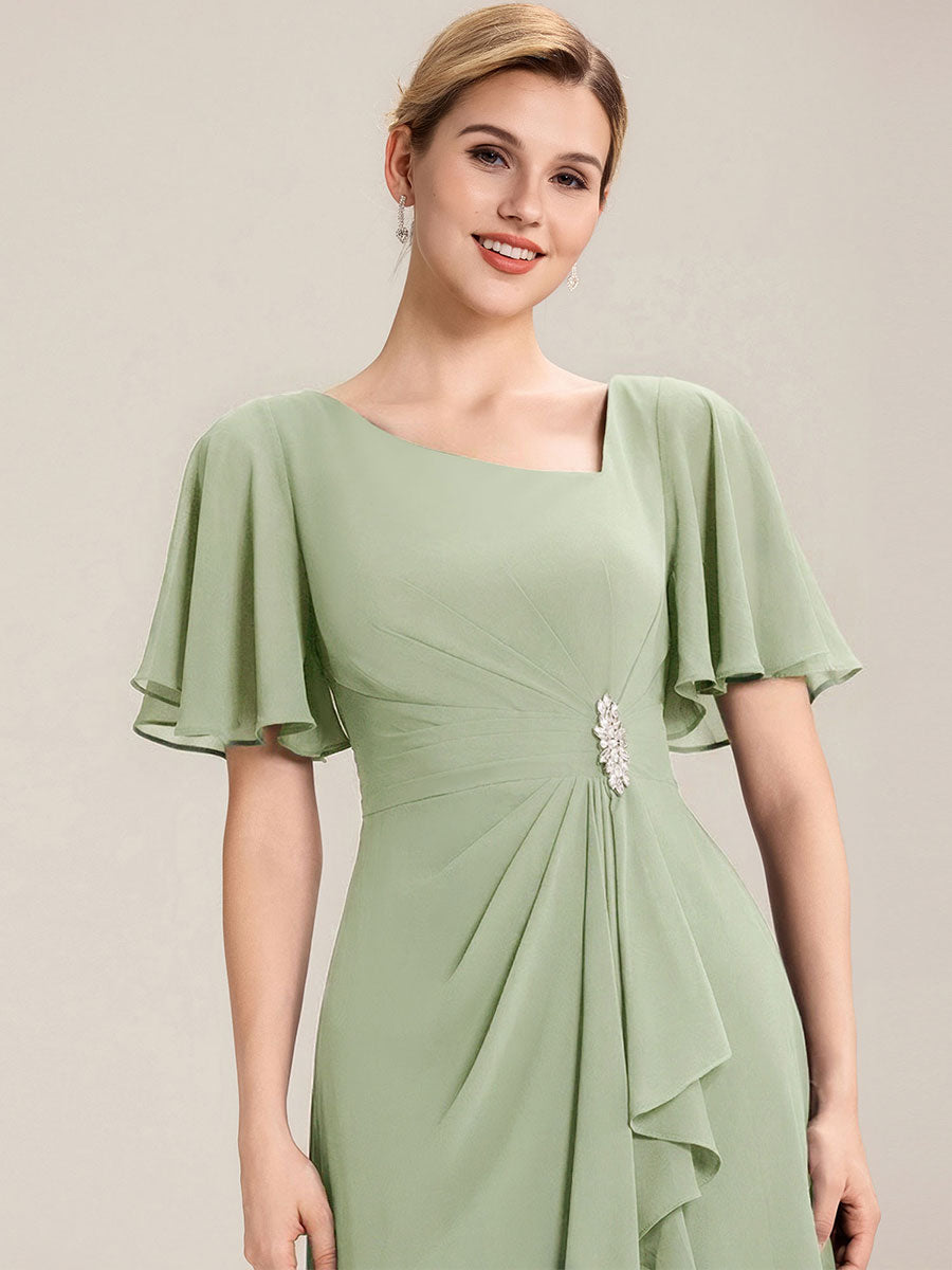 Robe de soirée mi-longue en mousseline de soie à manches courtes #Couleur_Menthe Verte
