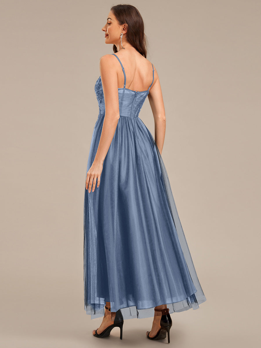 Robe de soirée sans manches en maille appliquée #Couleur_Marine Fume