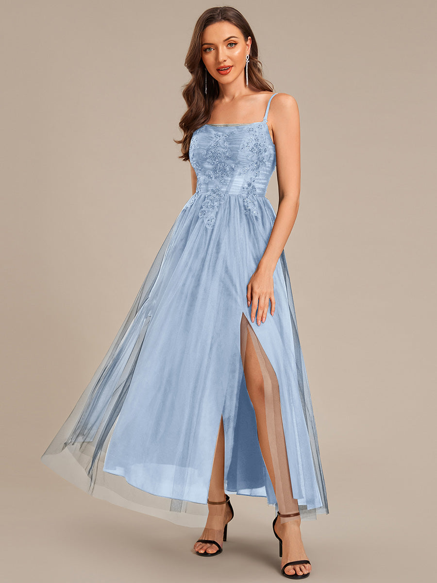 Robe de soirée sans manches en maille appliquée #Couleur_Bleu Glace