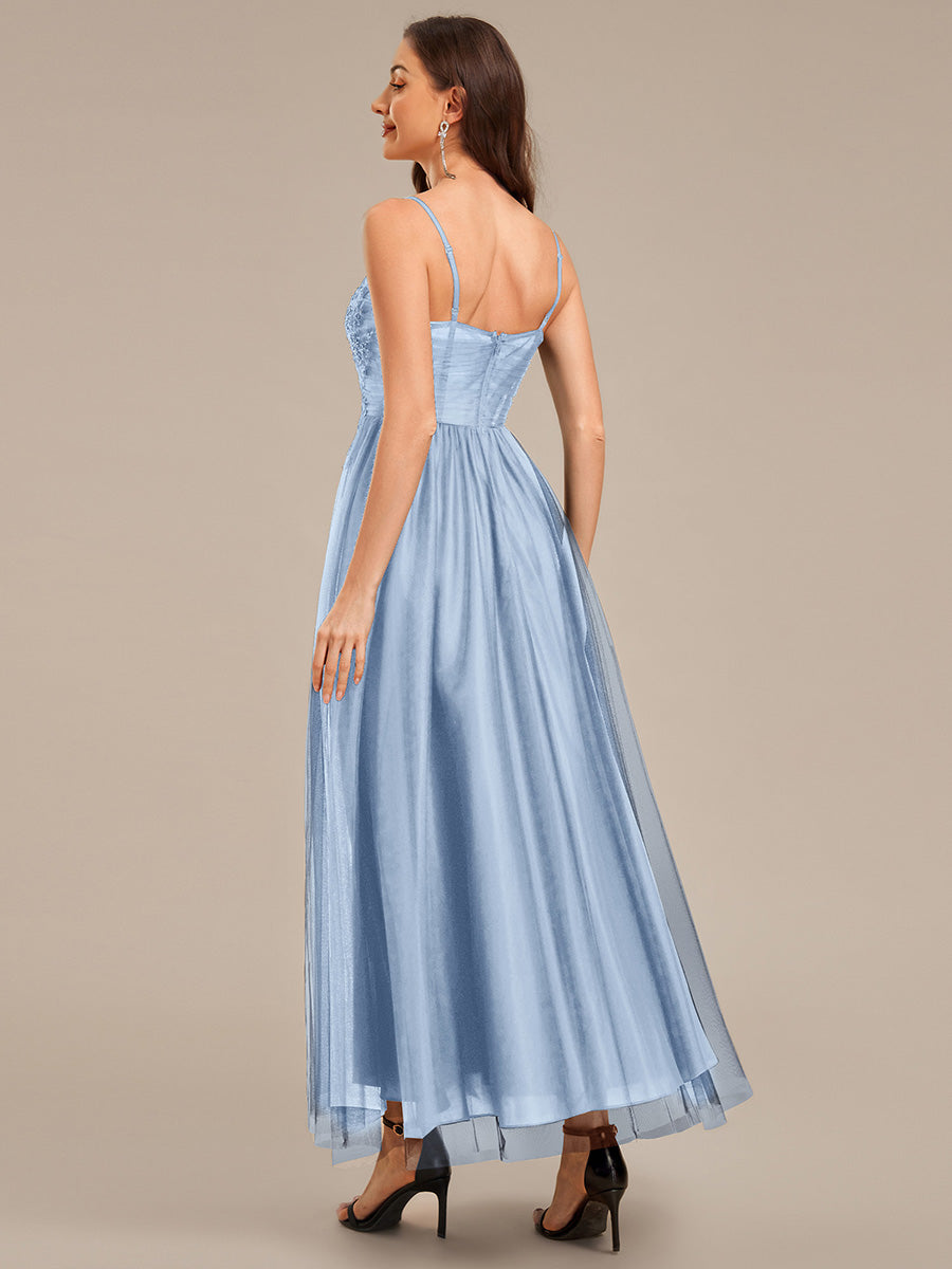 Robe de soirée sans manches en maille appliquée #Couleur_Bleu Glace
