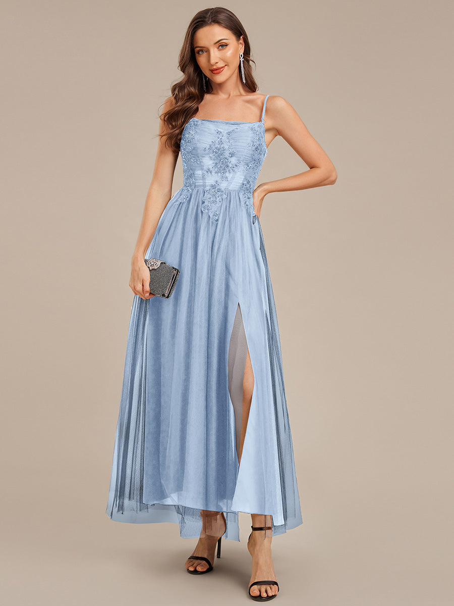 Robe de soirée sans manches en maille appliquée #Couleur_Bleu Glace