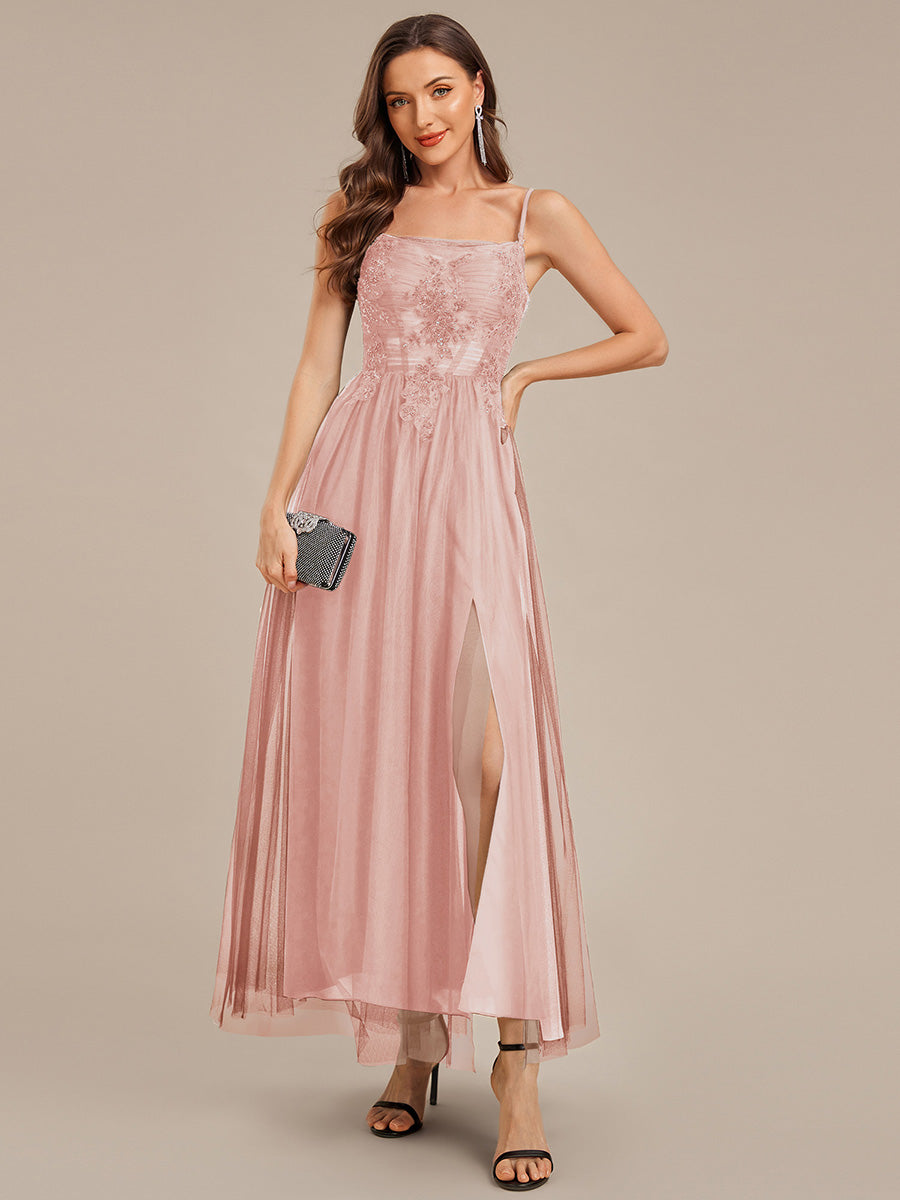 Robe de soirée sans manches en maille appliquée #Couleur_Rose
