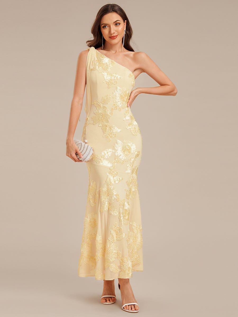 Robe d'invité de mariage trapèze en mousseline fluide à encolure ronde et longueur au genou #Couleur_Jaune