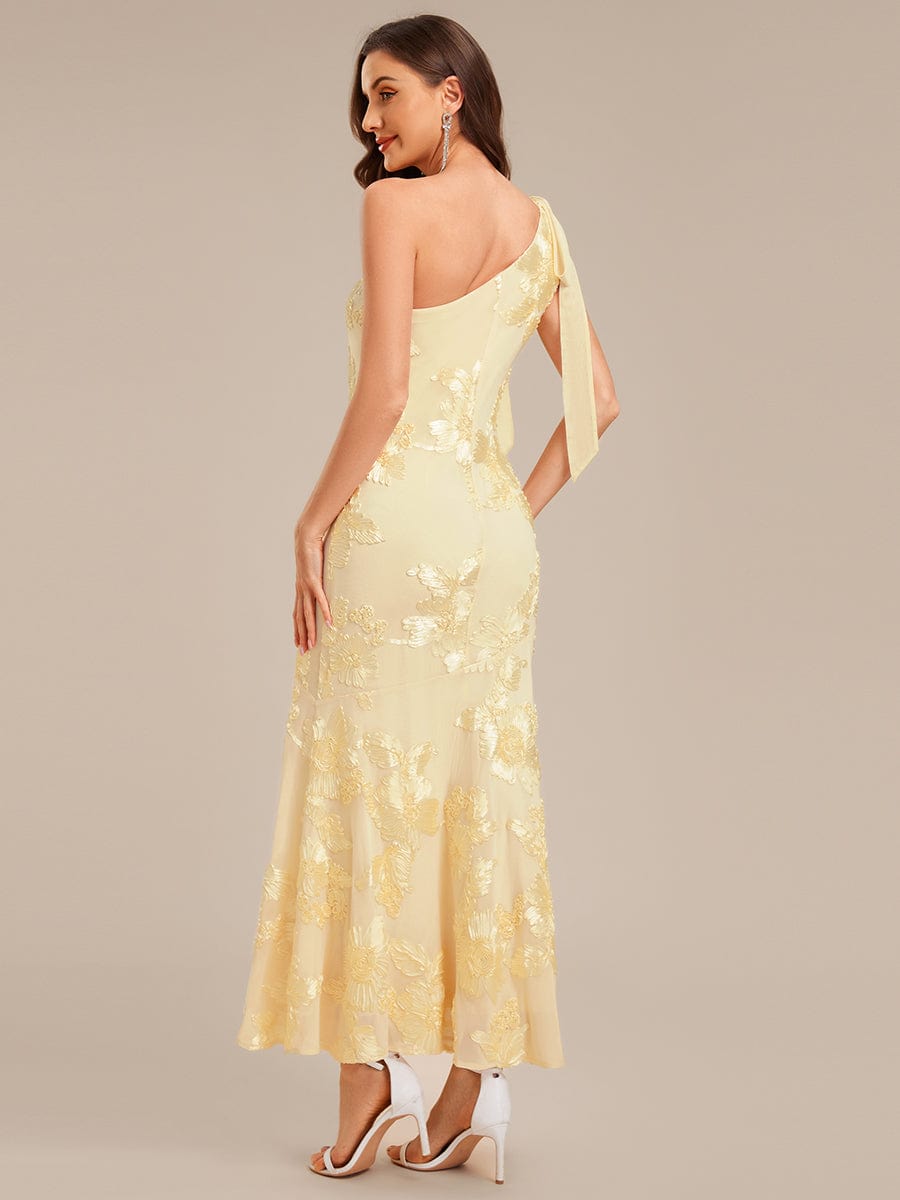 Robe d'invité de mariage trapèze en mousseline fluide à encolure ronde et longueur au genou #Couleur_Jaune