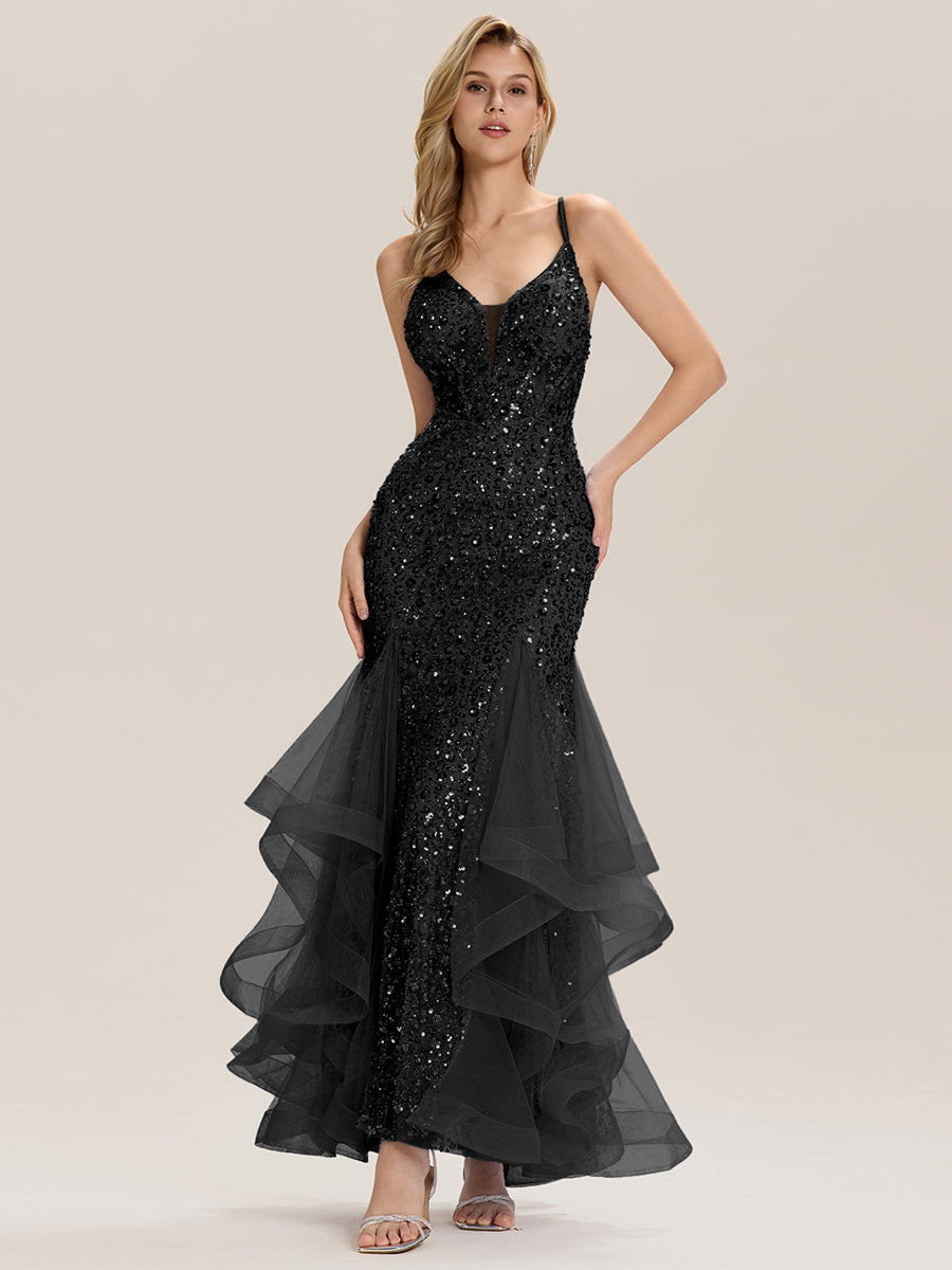 Robe de soirée sirène à paillettes sans manches #Couleur_Noir