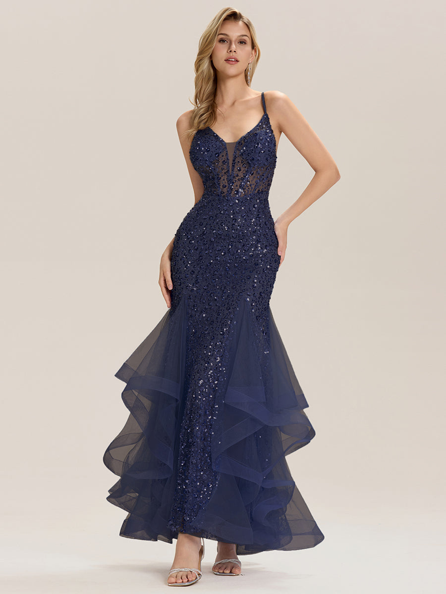 Robe de soirée sirène à paillettes sans manches #Couleur_Bleu Marine