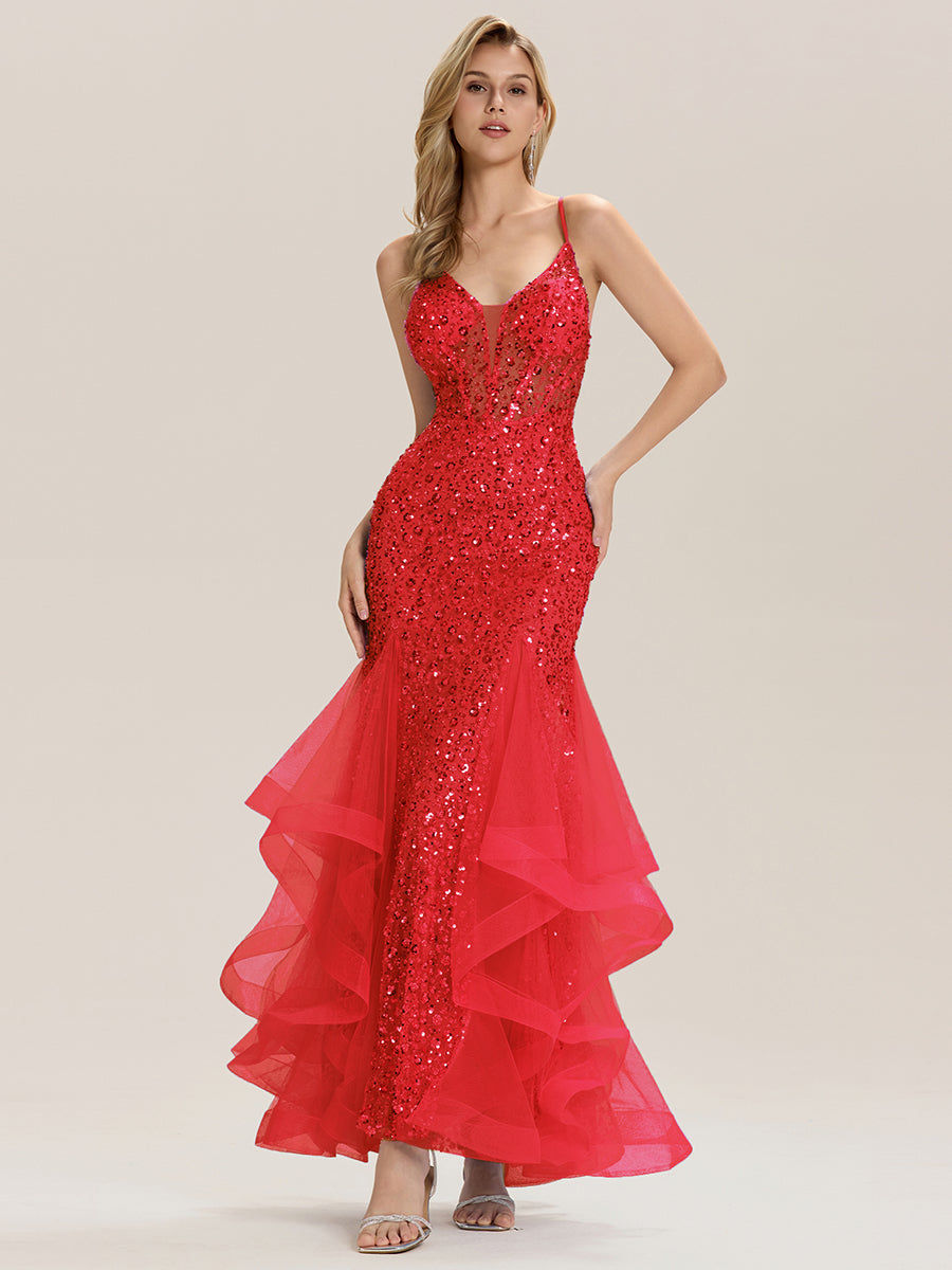 Robe de soirée sirène à paillettes sans manches #Couleur_Rouge