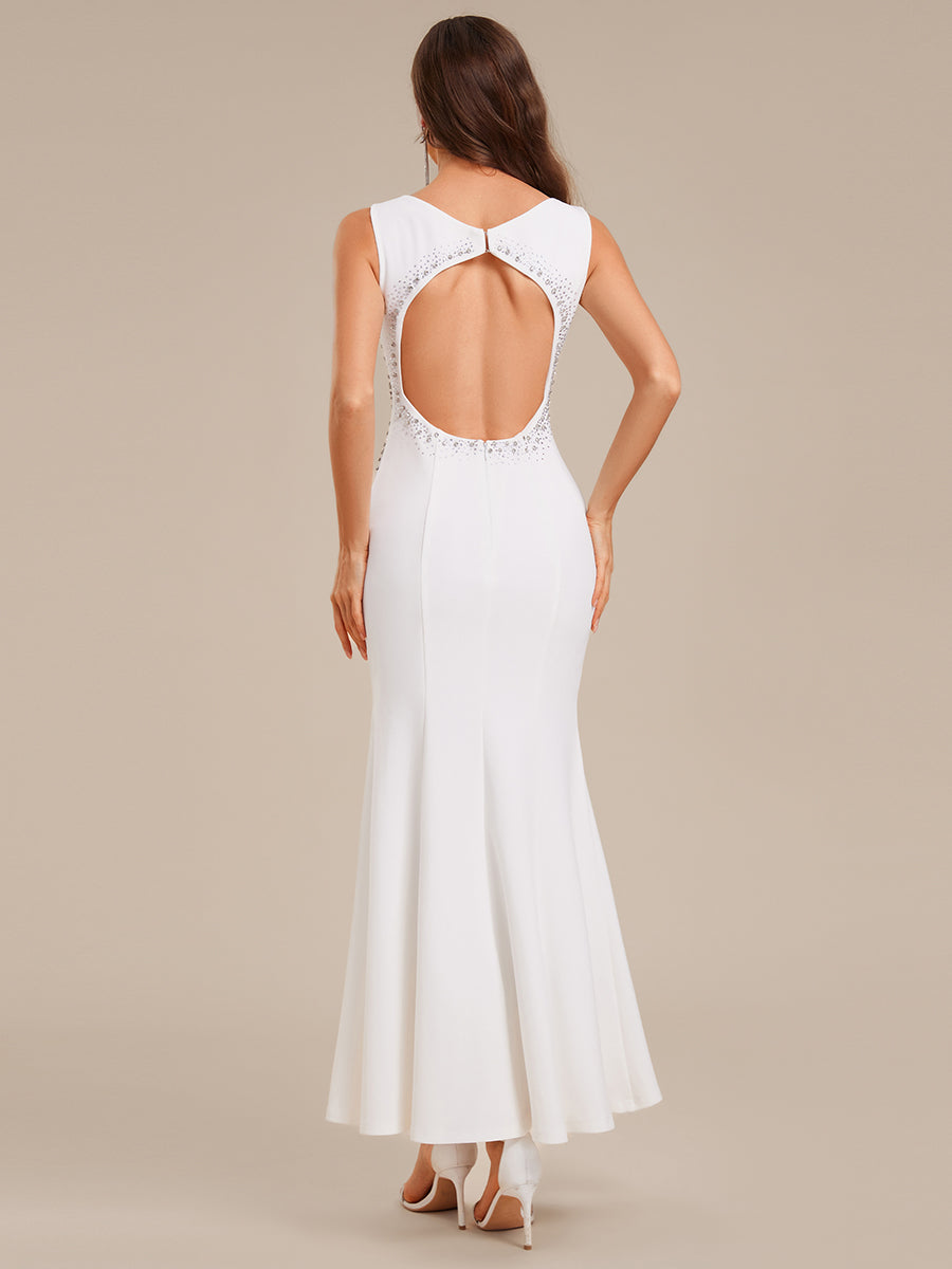 Robe d'invité de mariage trapèze en mousseline fluide à encolure ronde et longueur au genou #Couleur_Blanc