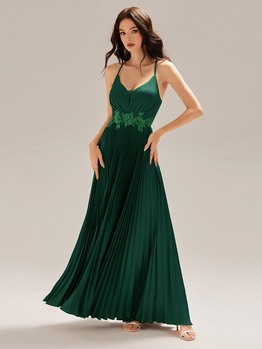 Robe longue sans manches décolletée en V plis soleil #Couleur_Vert Fonce
