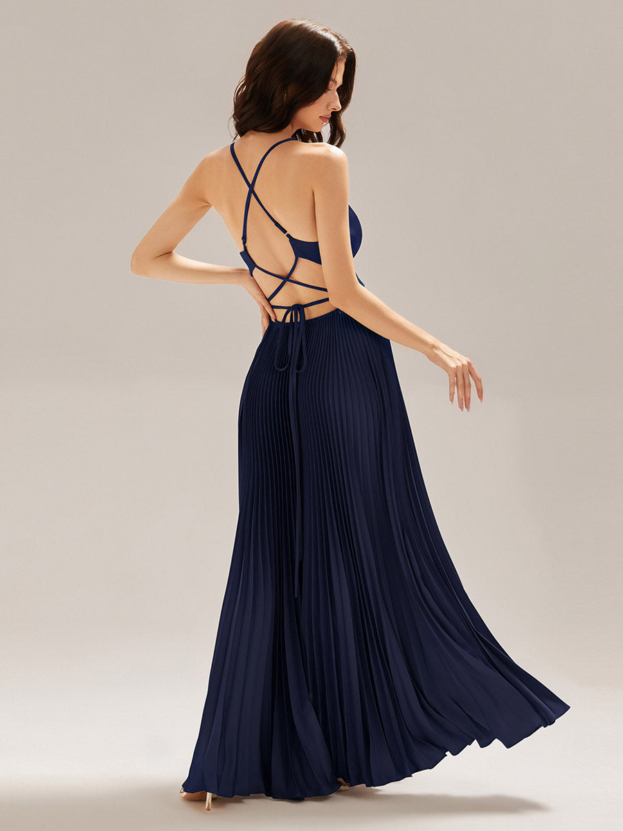 Robe longue sans manches décolletée en V plis soleil #Couleur_Bleu Marine
