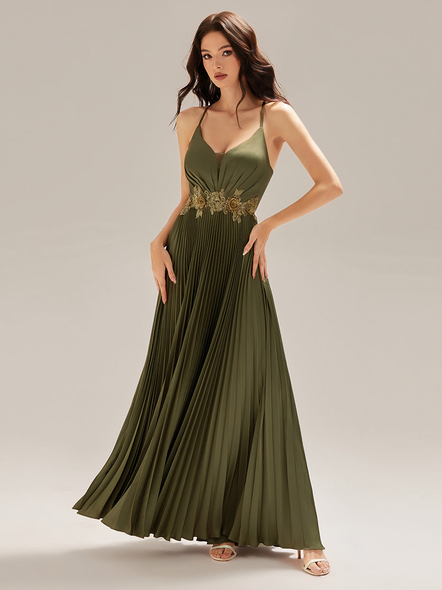 Robe longue sans manches décolletée en V plis soleil #Couleur_Vert Olive