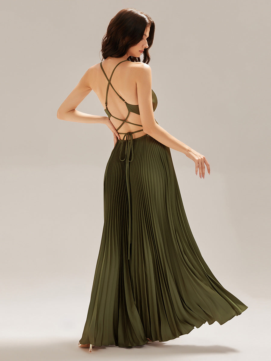 Robe longue sans manches décolletée en V plis soleil #Couleur_Vert Olive