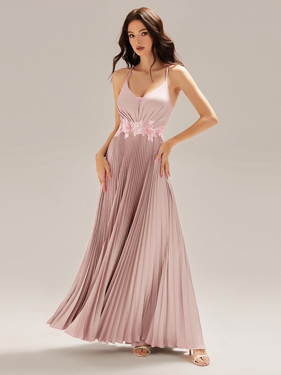 Robe longue sans manches décolletée en V plis soleil #Couleur_Rose