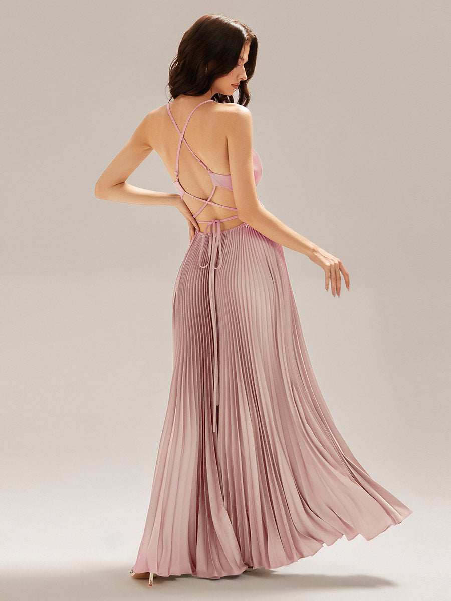 Robe longue sans manches décolletée en V plis soleil #Couleur_Rose