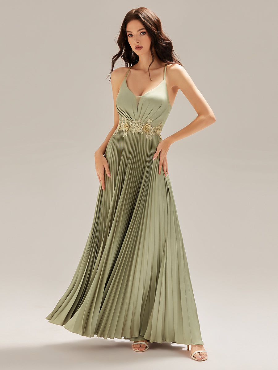 Robe longue sans manches décolletée en V plis soleil #Couleur_Vert sauge