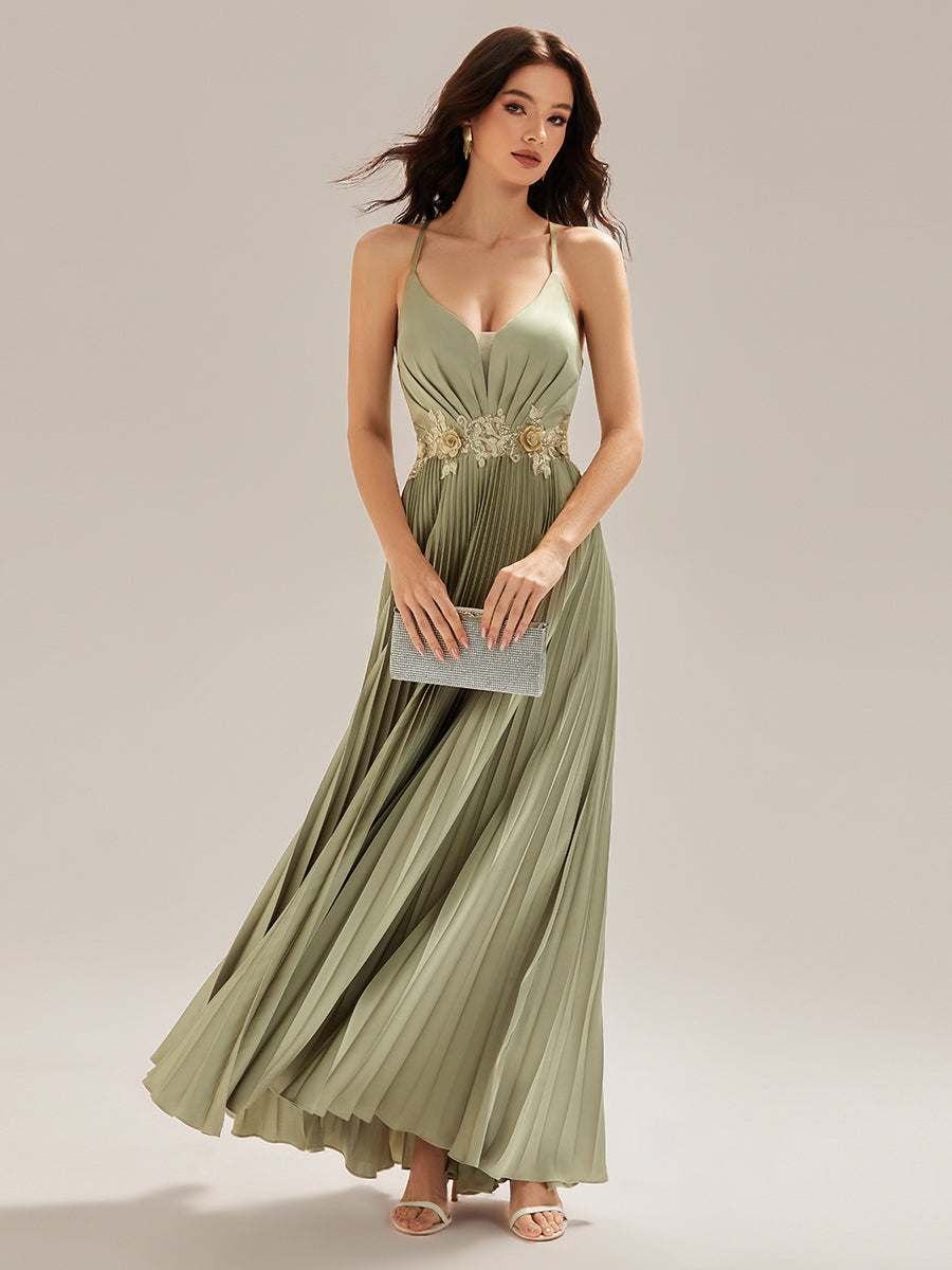 Robe longue sans manches décolletée en V plis soleil #Couleur_Vert sauge