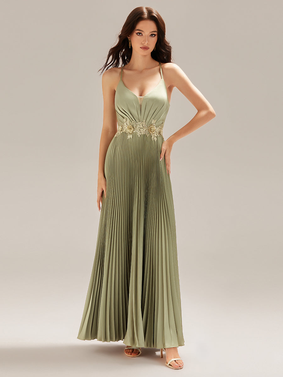 Robe longue sans manches décolletée en V plis soleil #Couleur_Vert sauge