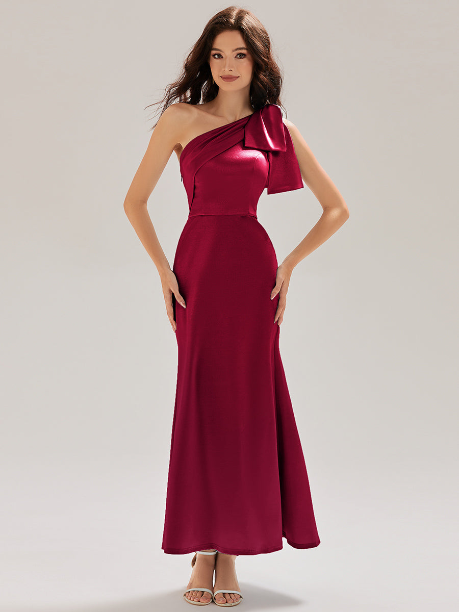 Robe midi sirène asymétrique sans bretelles avec nœud #Couleur_Bordeaux