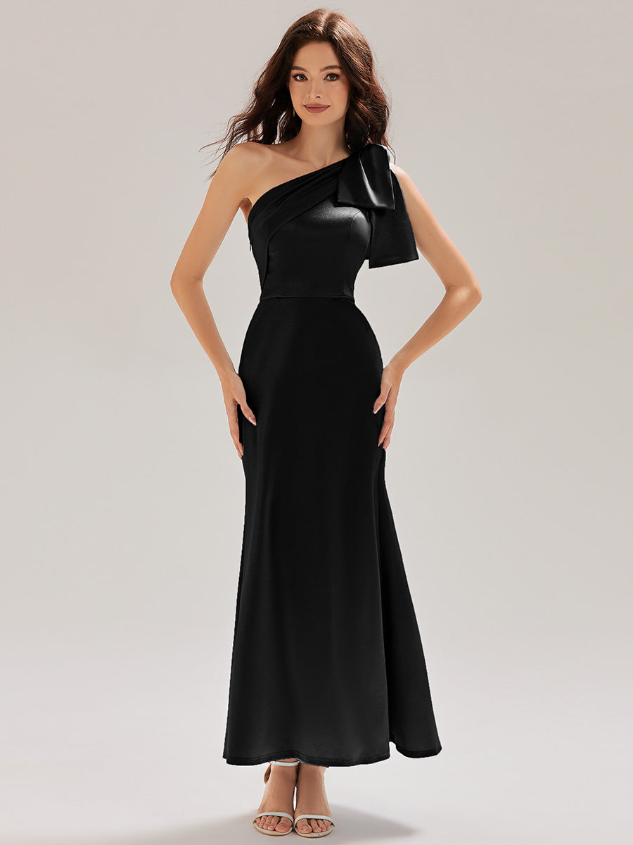 Robe midi sirène asymétrique sans bretelles avec nœud #Couleur_Noir