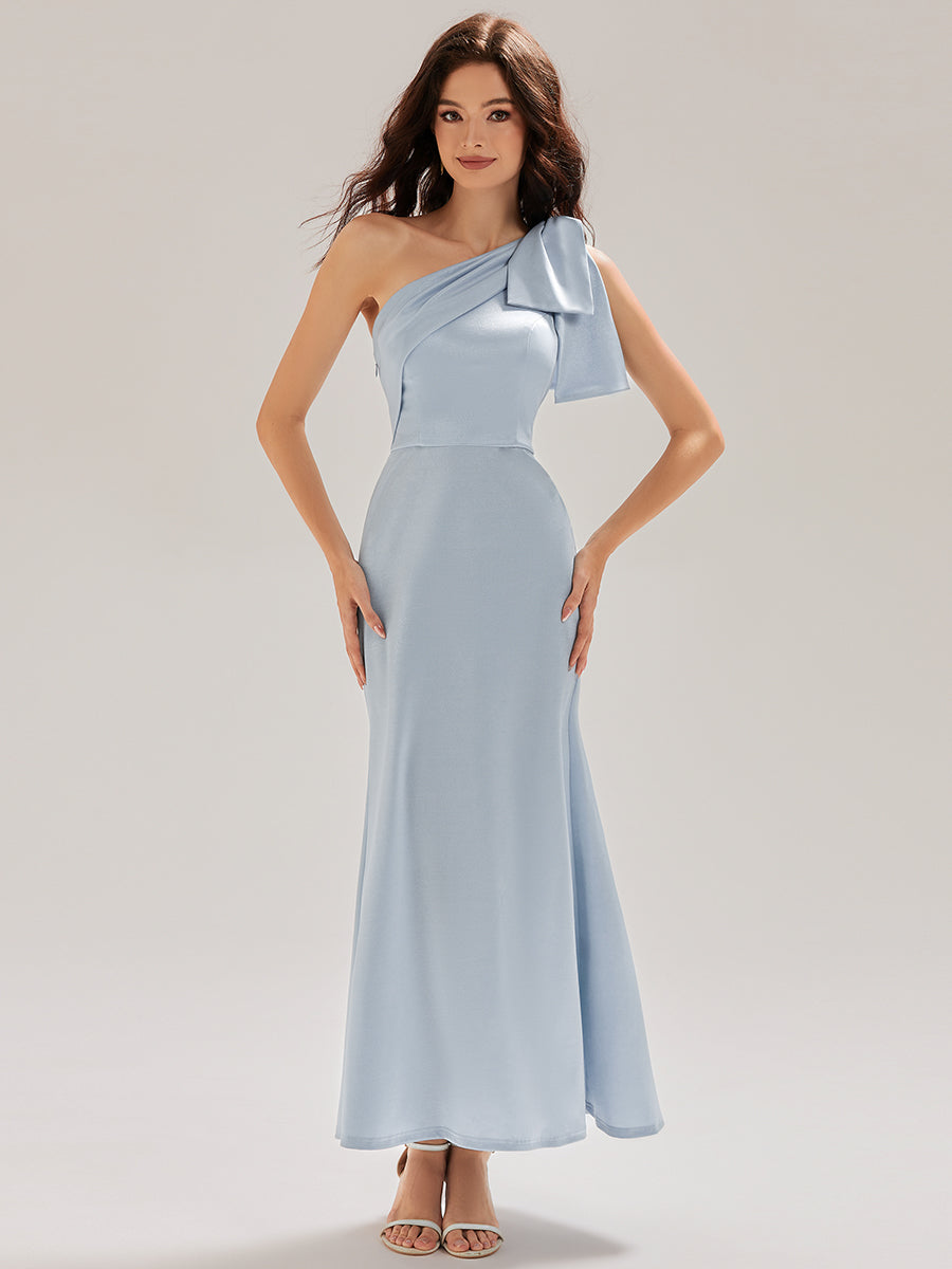 Robe midi sirène asymétrique sans bretelles avec nœud #Couleur_Bleu Clair