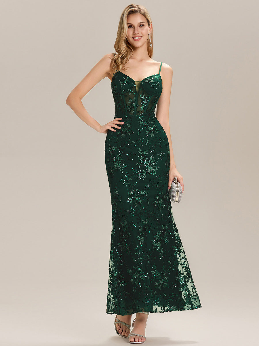 Robe de soirée sans manches en sequins longueur sol #Couleur_Vert Fonce