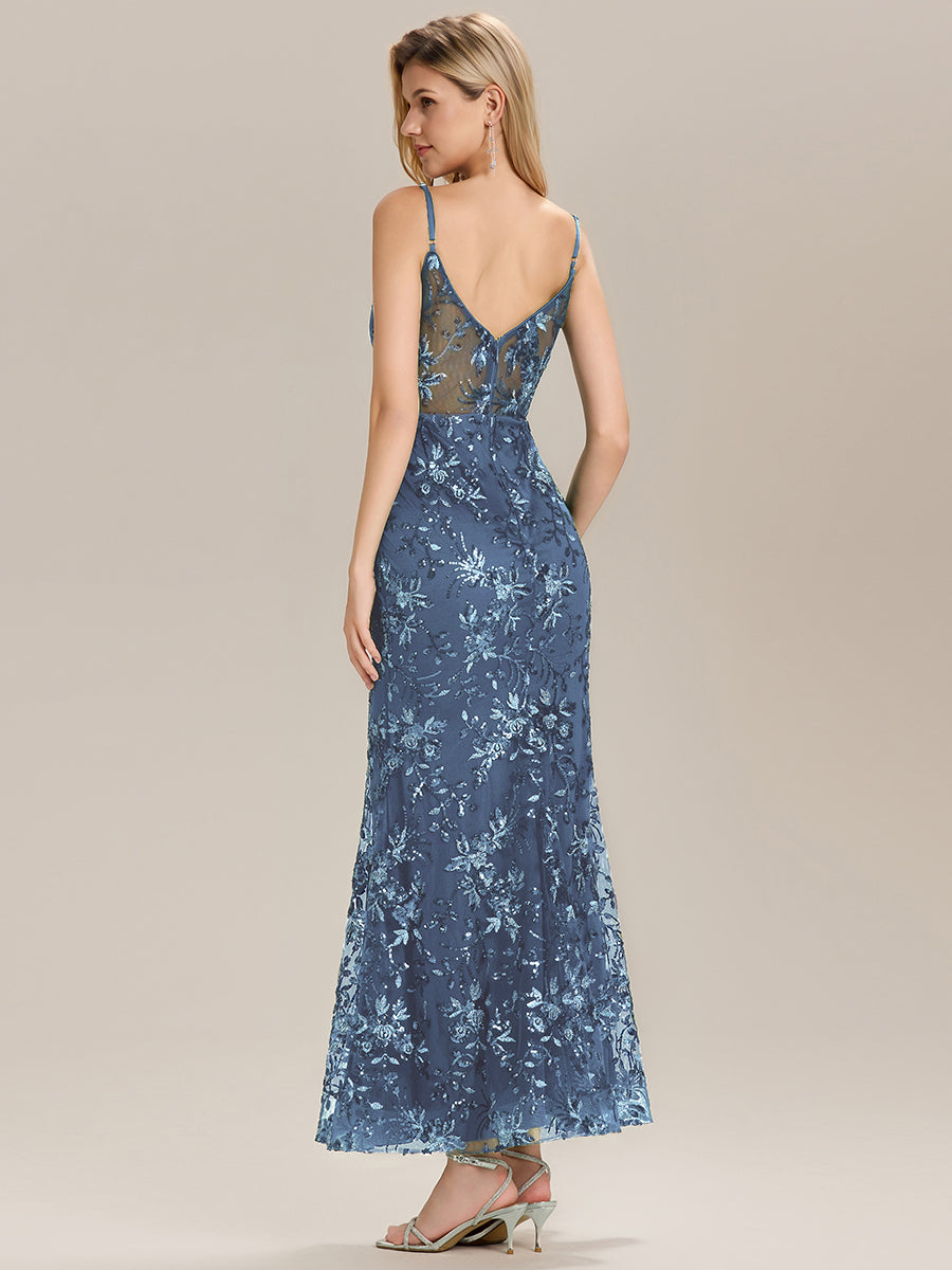 Robe de soirée sans manches en sequins longueur sol #Couleur_Marine Fume