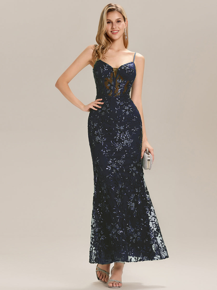 Robe de soirée sans manches en sequins longueur sol #Couleur_Bleu Marine