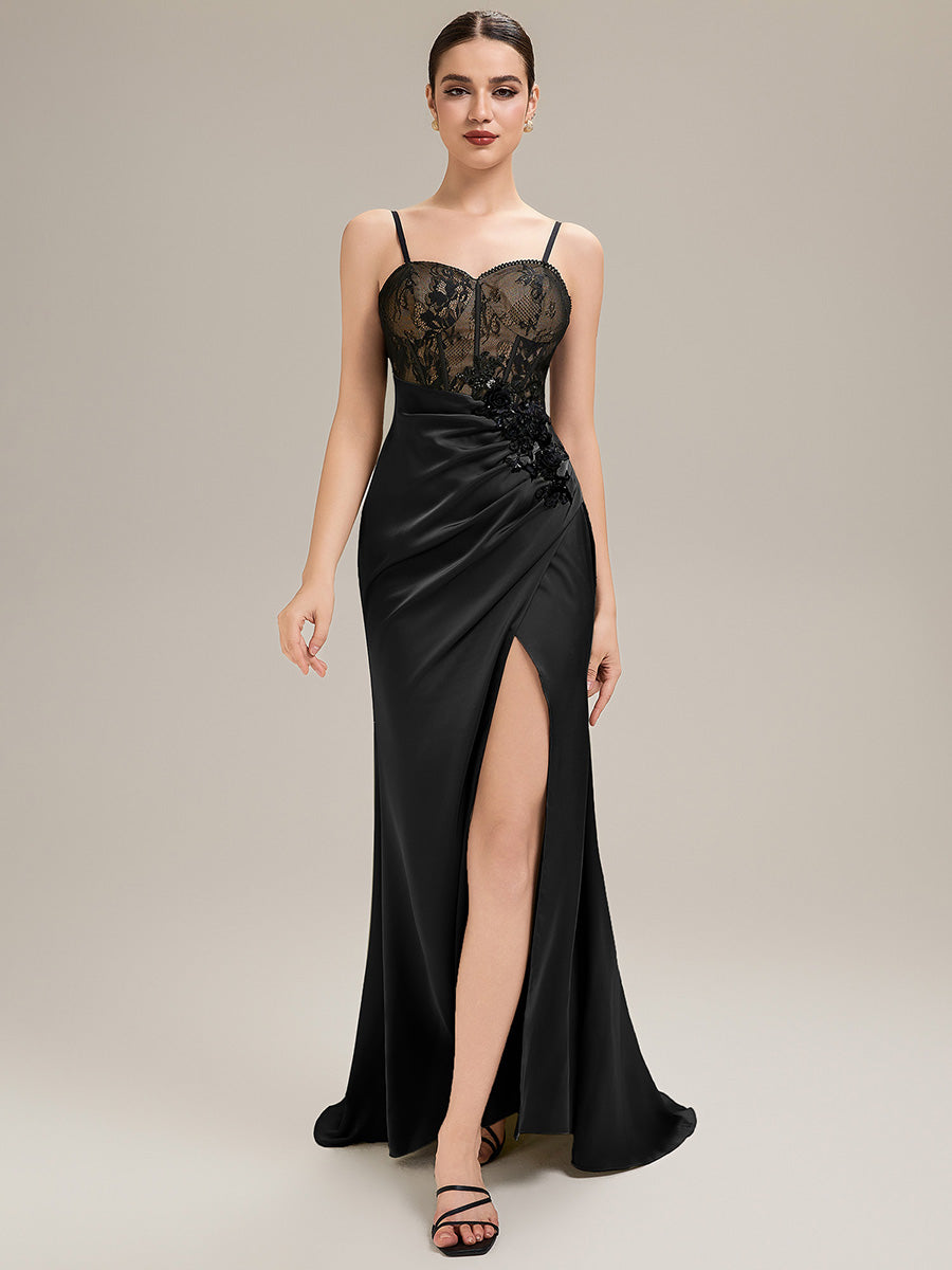 Robe de soirée chic sans bretelles sans manches en forme de sirène longueur sol avec dentelle à frange et détail corset #Couleur_Noir